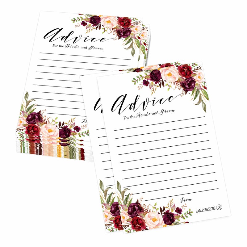 Hadley Designs 50 Floral Wedding Advice Cards For Bride and Groom, Guest Book Alternative, Advice and Wishes For The Mr. and Mrs., Bridal Shower Advice Cards, Wedding Card Boxes Reception - Image 1